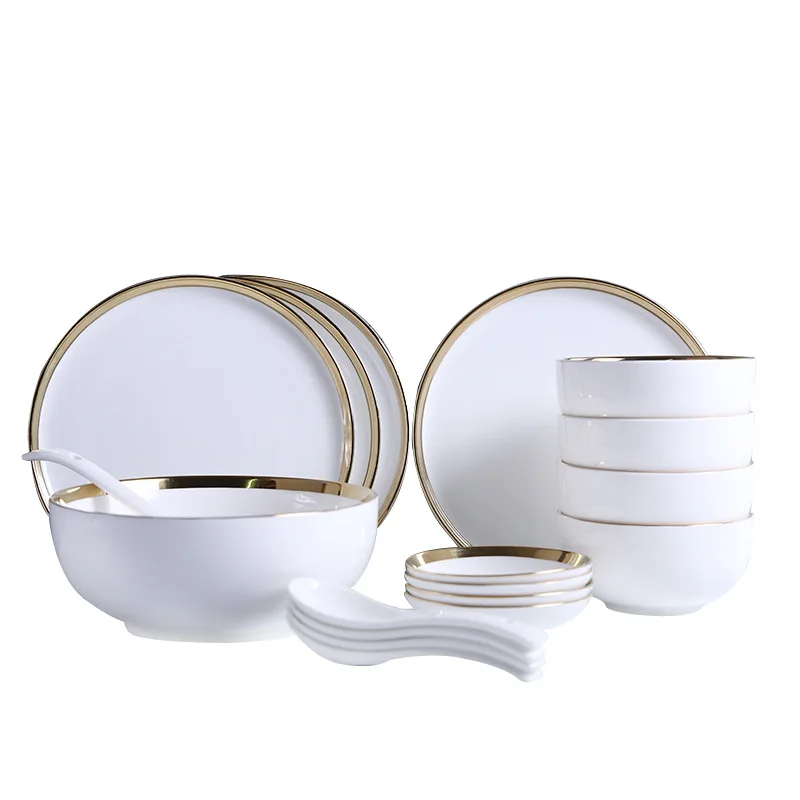 

White Porcelain Dinner Plate Set Gilt Rim Plate and bowl Set Food Dishes Rice Salad Noodles Bowl Ceramic Tableware Set