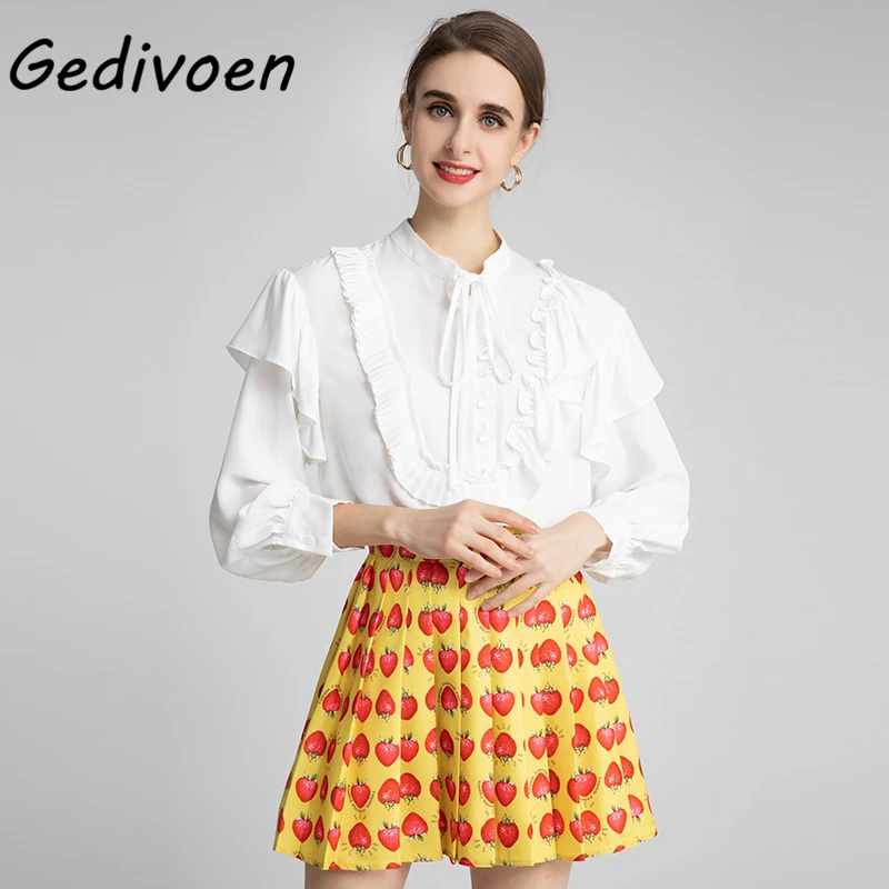 Gedivoen Designer Autumn Fashion Skirt Suit Women’s Long Sleeve Spliced Ruffle White Tops+Strawberry Print Pleated Skirt Twinset
Gedivoen Designer Autumn Fashion Skirt Suit Women’s Long Sleeve Spliced Ruffle White Tops+Strawberry Print Pleated Skirt Twinset