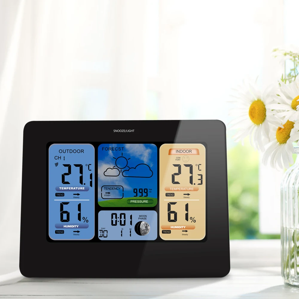 New Wireless Color LCD Thermometer Hygrometer Indoor Outdoor Barometer WithA larm Snooze Function AC230~240V EU Plugs
New Wireless Color LCD Thermometer Hygrometer Indoor Outdoor Barometer WithA larm Snooze Function AC230~240V EU Plugs
