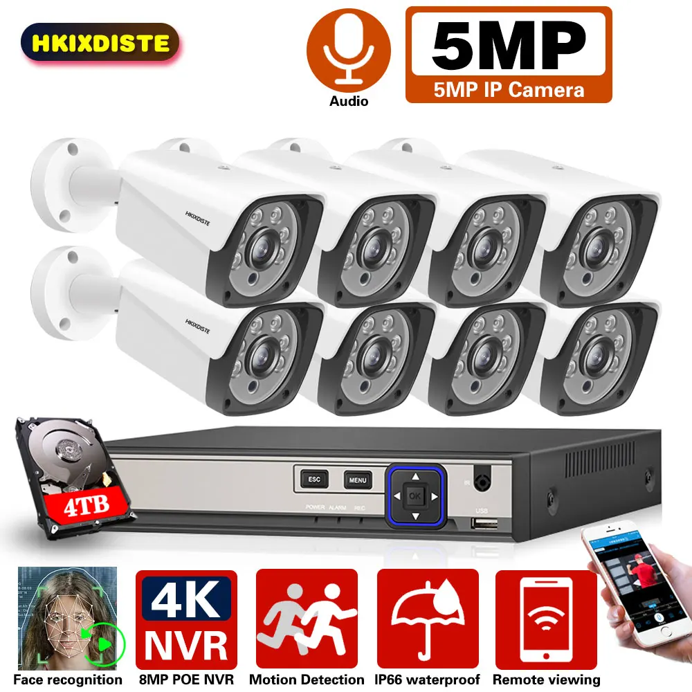 Камера видеонаблюдения H.265 NVR Super HD 5 Мп с функцией обнаружения лица 8 каналов 4 к |