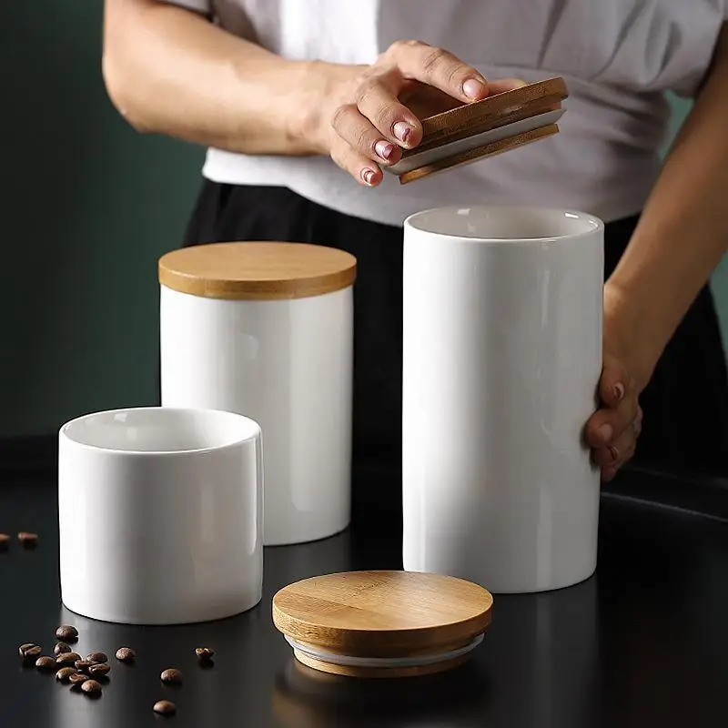 Creative Storage Jar Ceramic Wood Lid Kitchen Food Coffee Tea Candies Pot Seasoning Sealed Desktop Decoration Bottle | Дом и сад