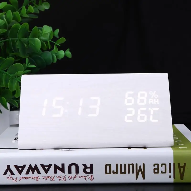 Интеллектуальный индукционный USB деревянный светодиодный Будильник с контролем