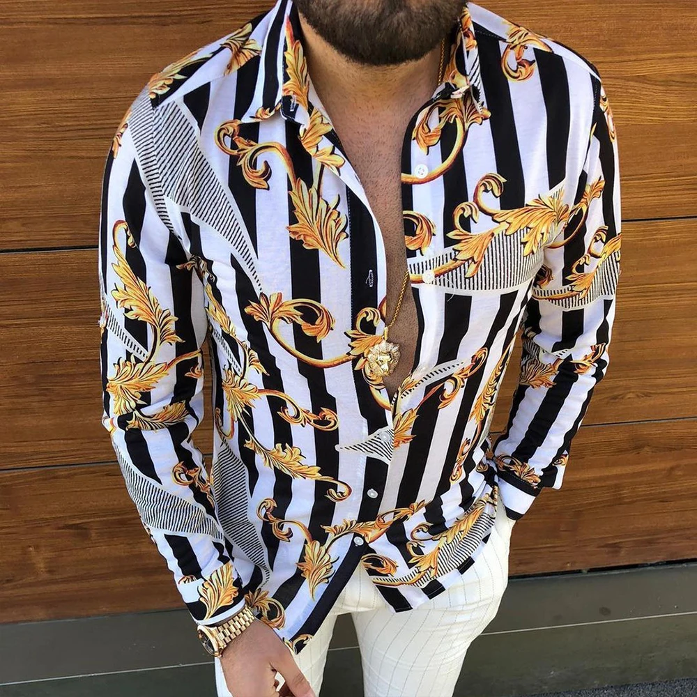 2021 Autumn New Men Gold Print Shirt High Street Men Slim V-Neck Fit Long Sleeve Chemise Men Single Breasted Casual cardigan
2021 Autumn New Men Gold Print Shirt High Street Men Slim V-Neck Fit Long Sleeve Chemise Men Single Breasted Casual cardigan