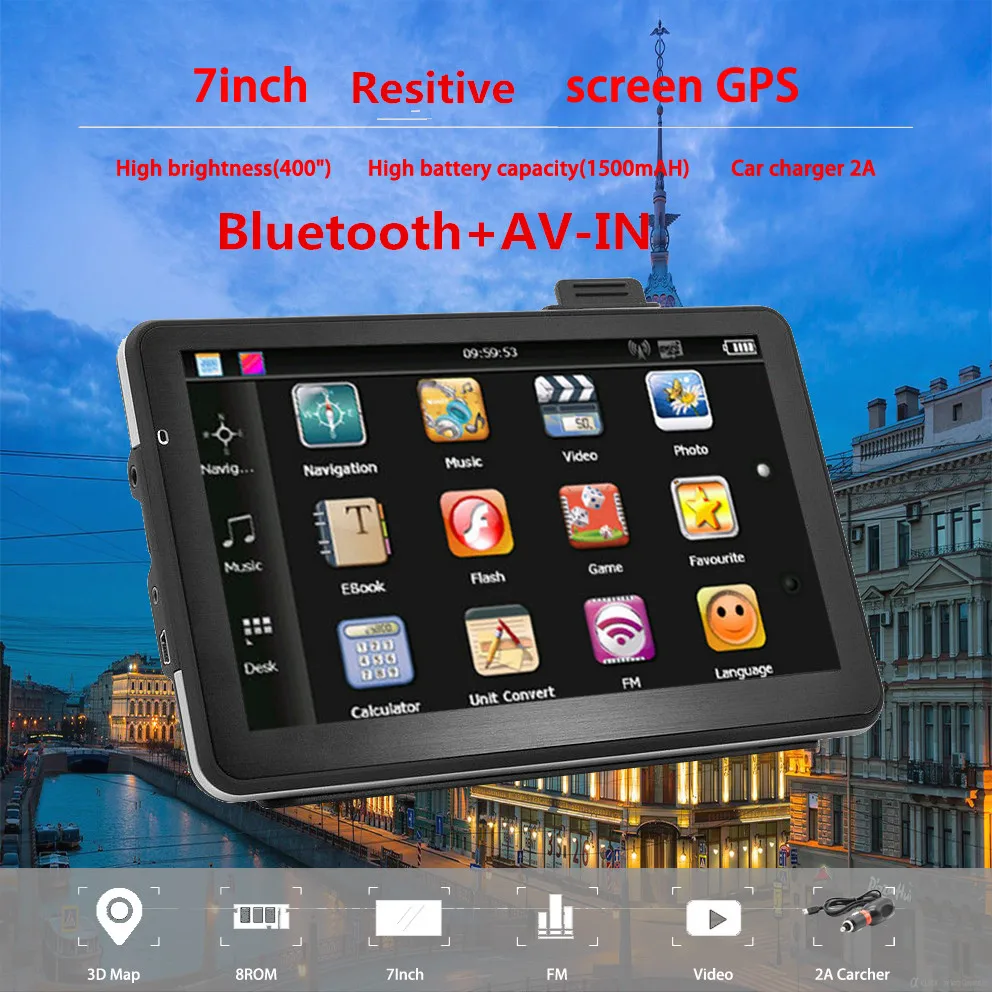 10 шт. Катарина 7 дюймов Автомобильный GPS навигатор bluetooth Встроенный 8 Гб/128 м карта