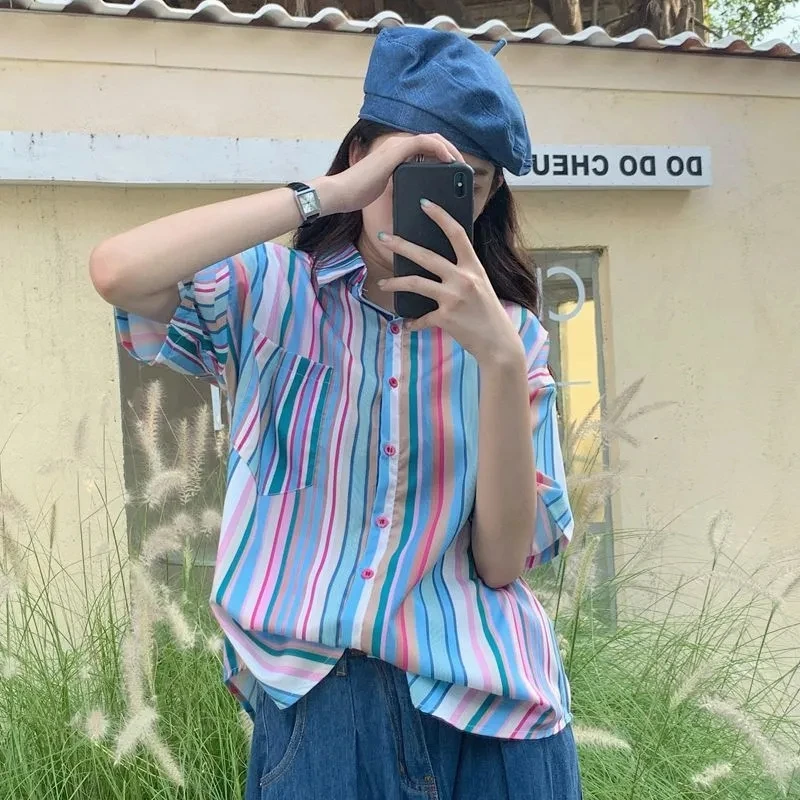 Zadily 2021 Summer Women Short Sleeve Fashion Turn-down Collar Casual Shirt Rainbow Stripes Casual Buttons Blouse
Zadily 2021 Summer Women Short Sleeve Fashion Turn-down Collar Casual Shirt Rainbow Stripes Casual Buttons Blouse