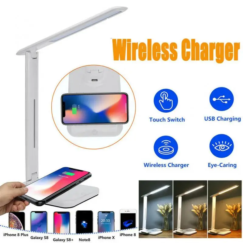 

10W 28LED USB Charge Table Desk Lamp + QI Wireless Phone Charger Reading Home Light Led Desk Lamp 3 Color Stepless Night Light