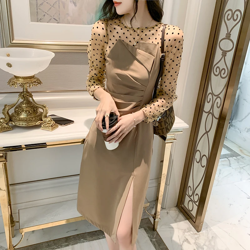 Fashion Women Dress 2021 Spring New Vintage Wave Dot Mesh Stitching Dress Long Sleeve Split Mid-length Dress Female Vestidos
Fashion Women Dress 2021 Spring New Vintage Wave Dot Mesh Stitching Dress Long Sleeve Split Mid-length Dress Female Vestidos
