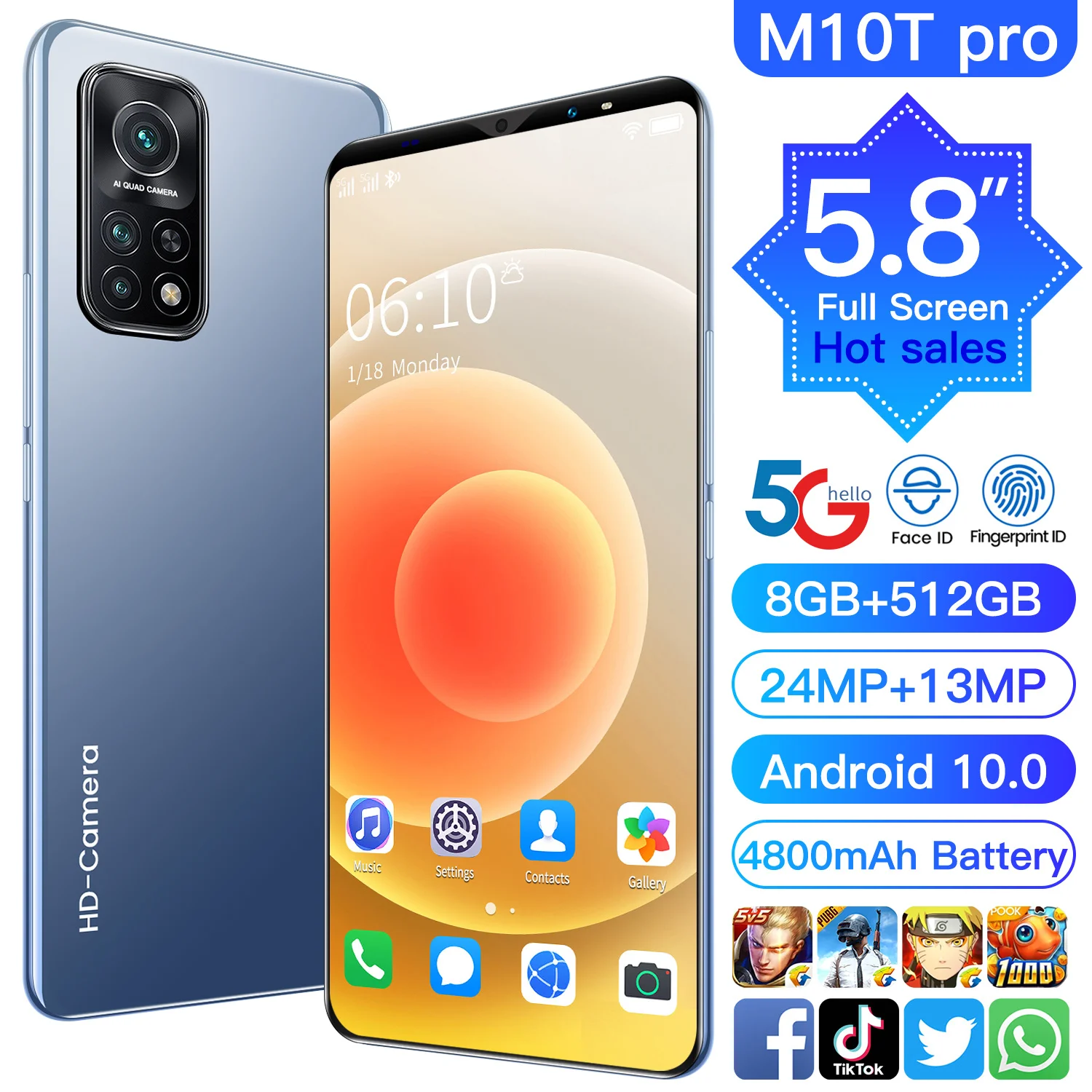 Global Version M10T Pro 5G SmartPhones 8GB+512GB Mobile Phone 13MP+24MP HD Camera 4800mAh 5.8inch Phone Android10 4G Cellphones
Global Version M10T Pro 5G SmartPhones 8GB+512GB Mobile Phone 13MP+24MP HD Camera 4800mAh 5.8inch Phone Android10 4G Cellphones