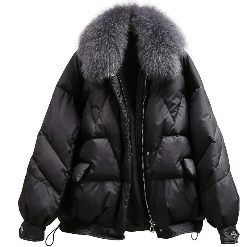 

Large Size Loose Fur Collar Coat 2023 Elegant Women's Down Jacket Thicken Warm Winter Parker 90% Duck Down Bread Clothing OK1150