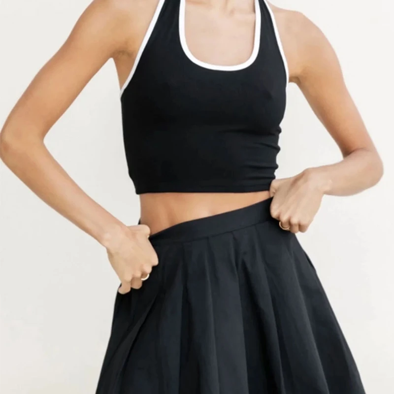 Women Halter Sleeveless Vest Sexy U-Neck Backless Crop Top Contrast Color Camis