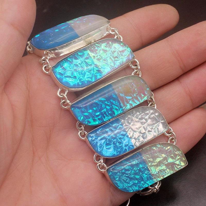 Attractive Design Blue Dichroic Glass 925 Sterling Silver Color Chain Links Bracelet 7 inch H478
Attractive Design Blue Dichroic Glass 925 Sterling Silver Color Chain Links Bracelet 7 inch H478