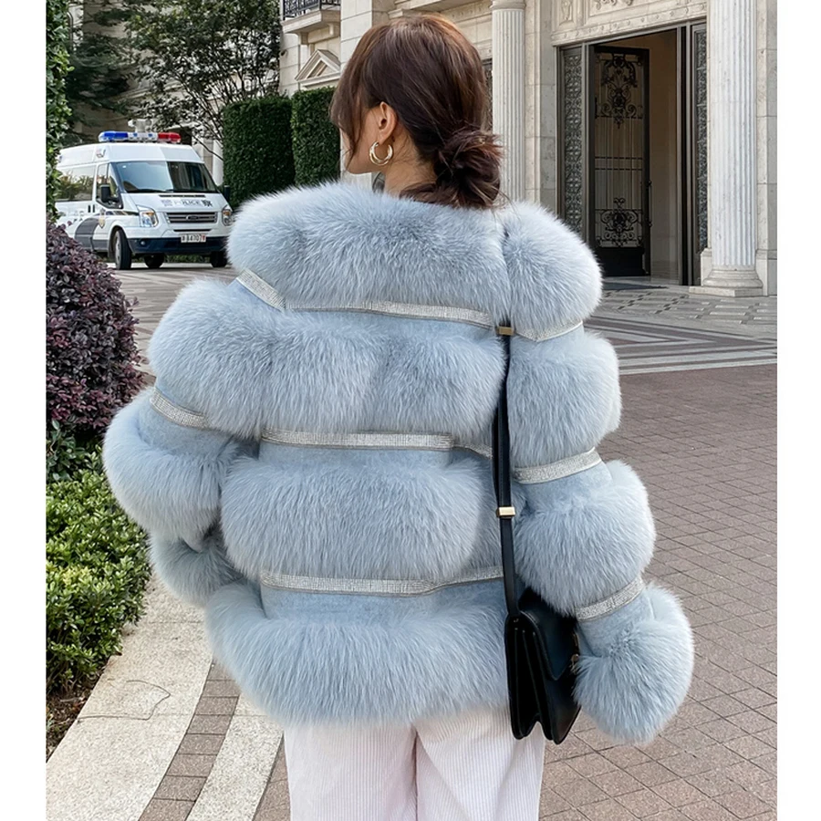 

2020 Fashion New Style Fox Fur Jacket Crystal with Horizontal Stripes Slim Fur Coat Women's Commuter Rich Fox Fur outerwear