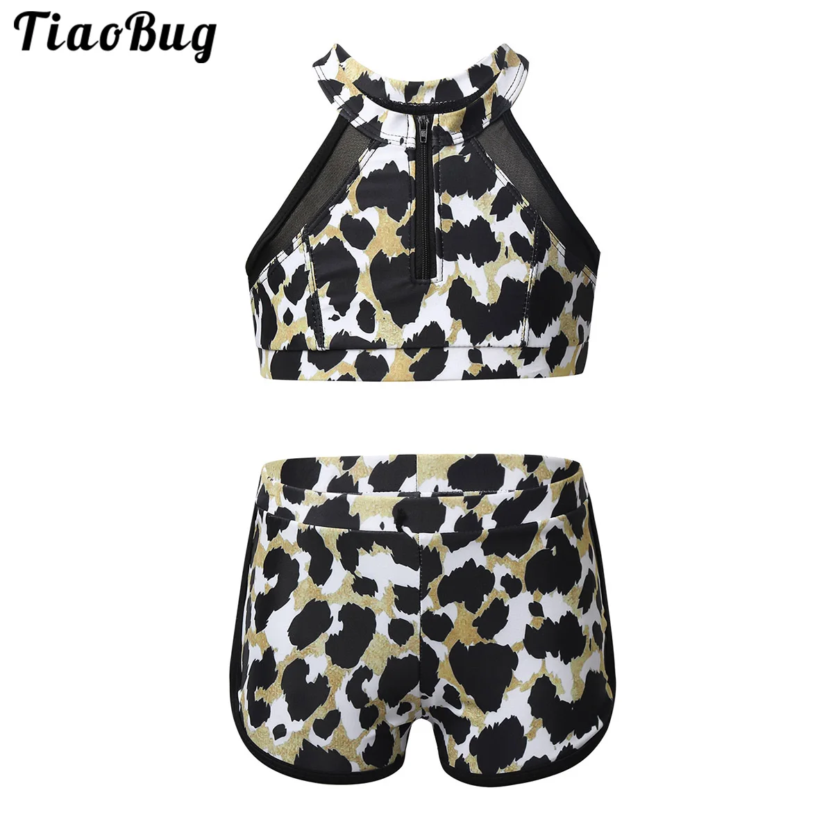 

TiaoBug 2Pcs Kids Girls Tankini Sleeveless Mesh Splice Zippered Leopard Print Swimsuit Swimwear Halter Tops With Bottoms Set