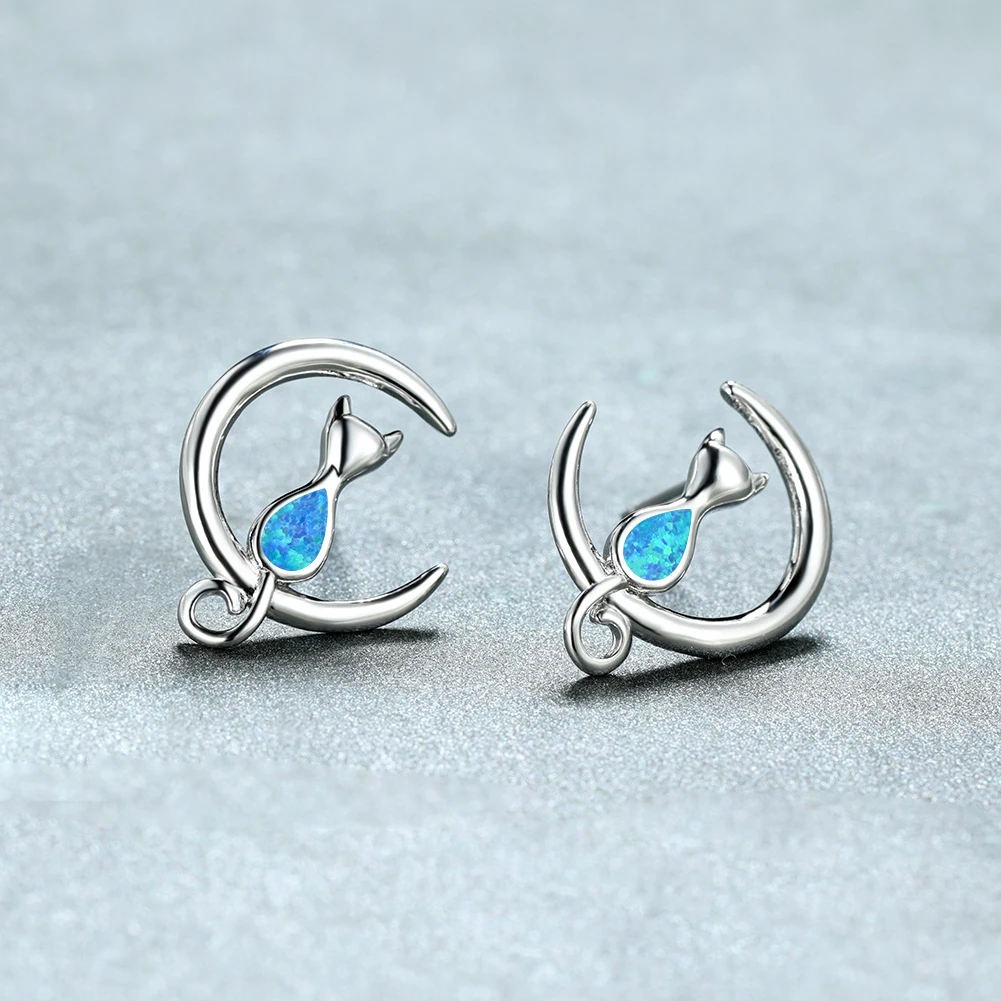 Lovely Creative White Gold Cat Sitting On The Moon Earrings for Women Blue White Opal Stud Earrings Girls' Anniversary Gift
Lovely Creative White Gold Cat Sitting On The Moon Earrings for Women Blue White Opal Stud Earrings Girls' Anniversary Gift