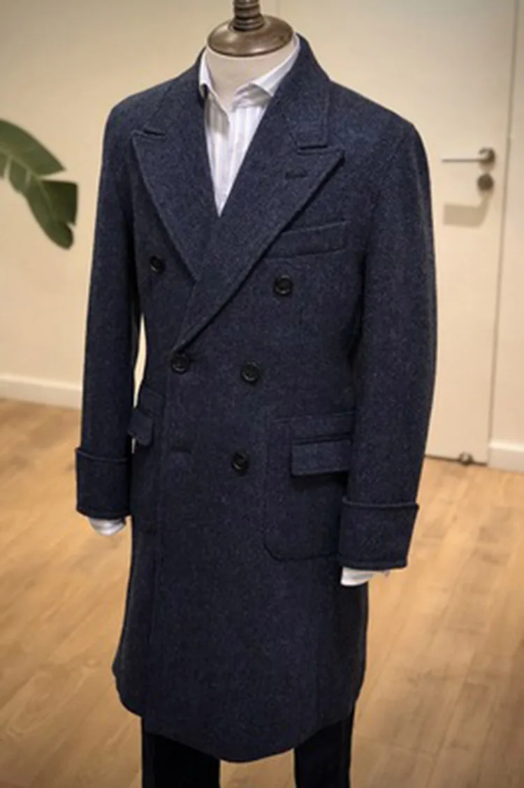 

2022 New Extra Long Men's Herringbone Tweed British Double-Breasted Trench Coat Woolen Lapel Slim Fit Winter Jacket Men Manteaux