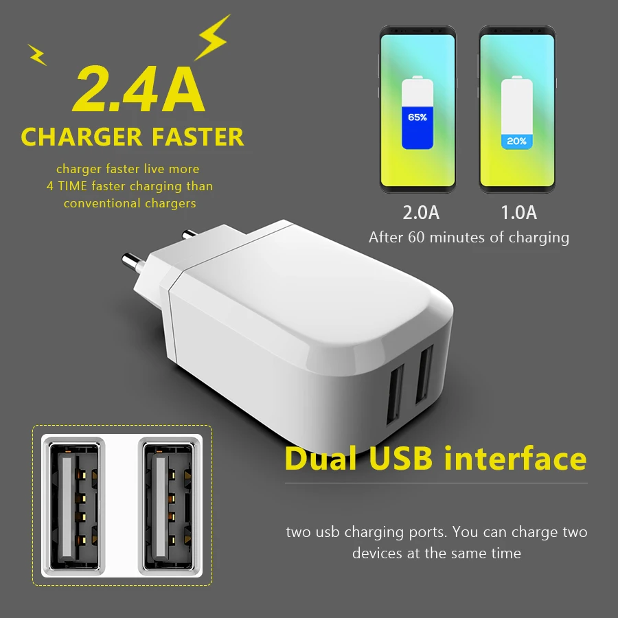 Универсальное USB зарядное устройство 15 Вт 5 В 2 4 А для Iphone 7 8 штепсельная вилка