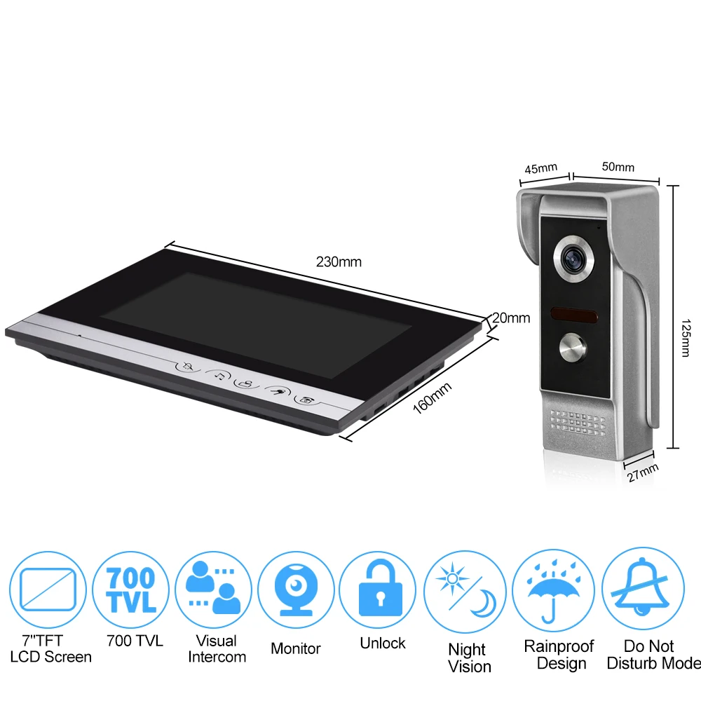 Wired Color Video Door Phone Intercom Bell for Home Apartment 7 inch Monitors Rainproof IR Camera 100 Meters | Безопасность и