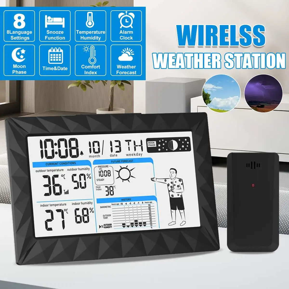 AUG-8638 Weather Station Ultra Thin Geometric Design Outdoor Indoor Thermometer Hygrometer Temperature Humidity Remote Sensor
AUG-8638 Weather Station Ultra Thin Geometric Design Outdoor Indoor Thermometer Hygrometer Temperature Humidity Remote Sensor