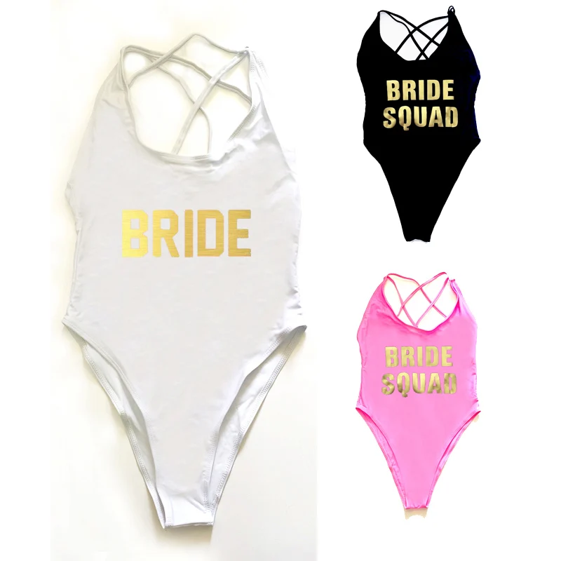 

2021 New Swimsuit Women One Piece Swimwear BRIDE SQUAD Bathing Suit Sexy Beachwear Cross Back Bodysuit maillot de bain femme