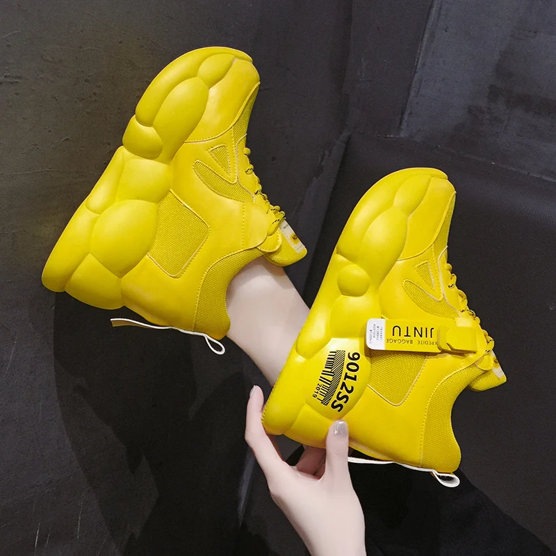 Желтые кроссовки женские модные на платформе обувь высоком каблуке массивном