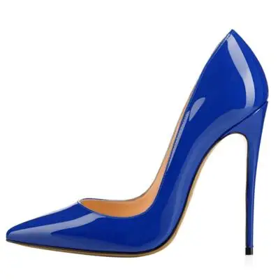 

Женские синие туфли-лодочки из лакированной кожи, на шпильке 12 см, с острым носком, модельные туфли большого размера, пикантная обувь на высоком каблуке