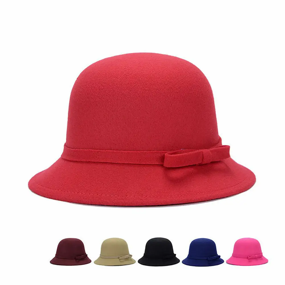 

Fashion Women Lady Vintage Wool Round Fedoras Trilby Cloche Cap Bow Derb Felt Wide Brim Bowler Bucket Hat