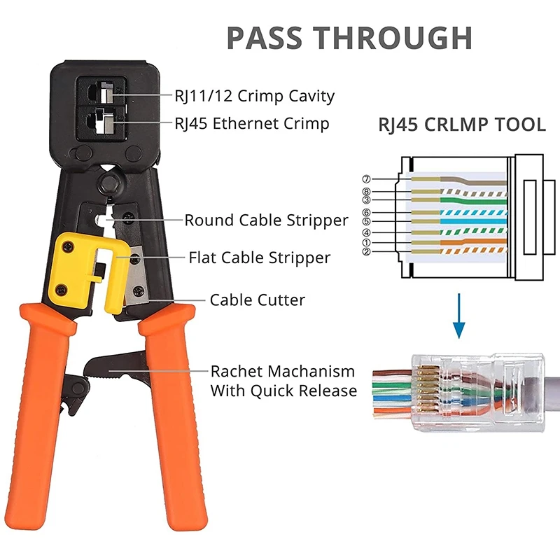 6 in 1 Crimping Tool Kit for Standard and Through Hole RJ45 / RJ12 Connectors with 50 Plugs
6 in 1 Crimping Tool Kit for Standard and Through Hole RJ45 / RJ12 Connectors with 50 Plugs