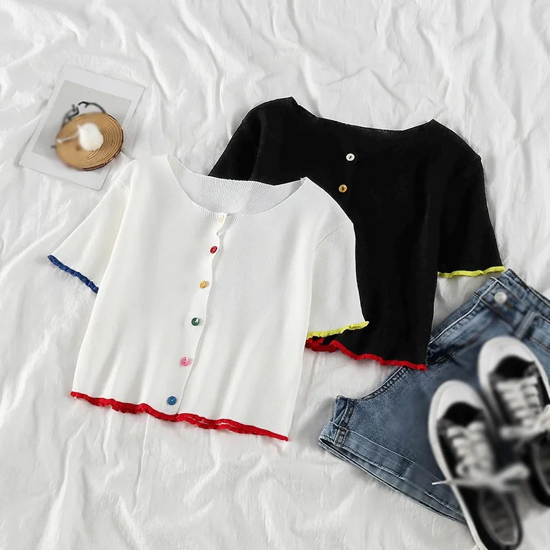 Women's Knitted t-Shirt Fashion New o-Neck Button Exposed Navel Short-Sleeved Tshirt Cardigan
Women's Knitted t-Shirt Fashion New o-Neck Button Exposed Navel Short-Sleeved Tshirt Cardigan