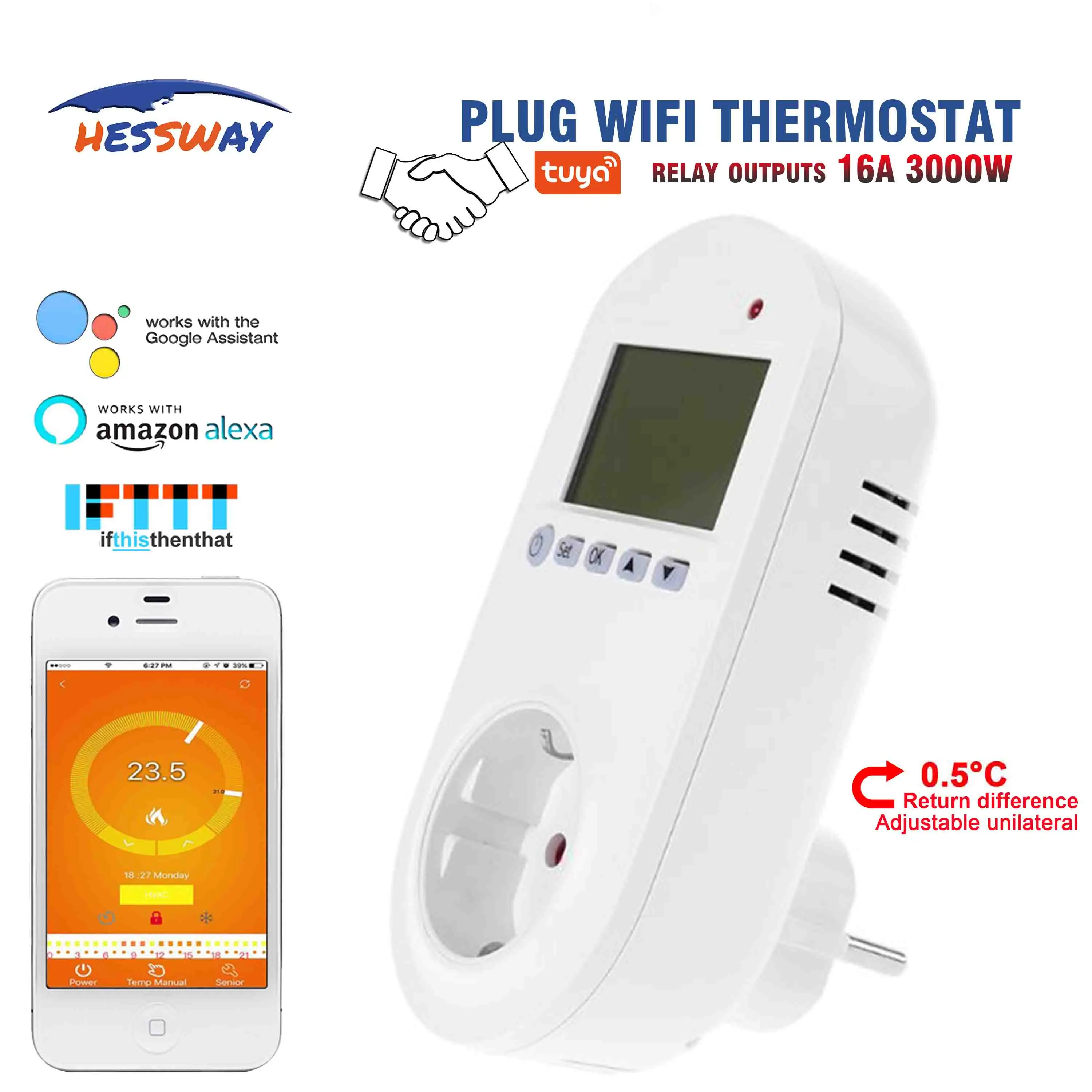 HESSWAY TUYA Wi Fi розетка Умный домашний отопительный термостат HVAC для 16A инфракрасный