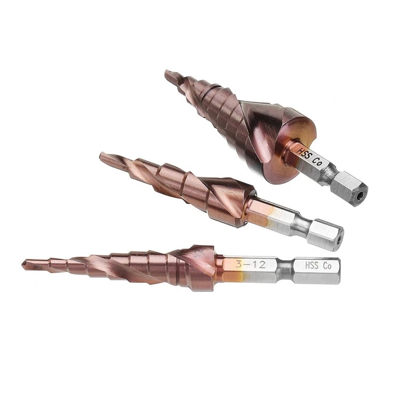 3Pcs M35 Cobalt Step Drill Bit 3-12/4-12/4-20Mm Step Drill Cutter Pagoda Shape Hole Cutter 1/4 Inch Hex Shank
3Pcs M35 Cobalt Step Drill Bit 3-12/4-12/4-20Mm Step Drill Cutter Pagoda Shape Hole Cutter 1/4 Inch Hex Shank
