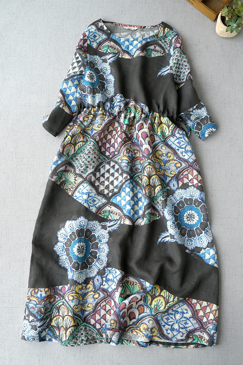 Spring Summer Women Loose Plus Size Vintage Asymmetrical Print Drawstring Comfortable Water Washed Thin Ramie Pullover Dresses 
Spring Summer Women Loose Plus Size Vintage Asymmetrical Print Drawstring Comfortable Water Washed Thin Ramie Pullover Dresses