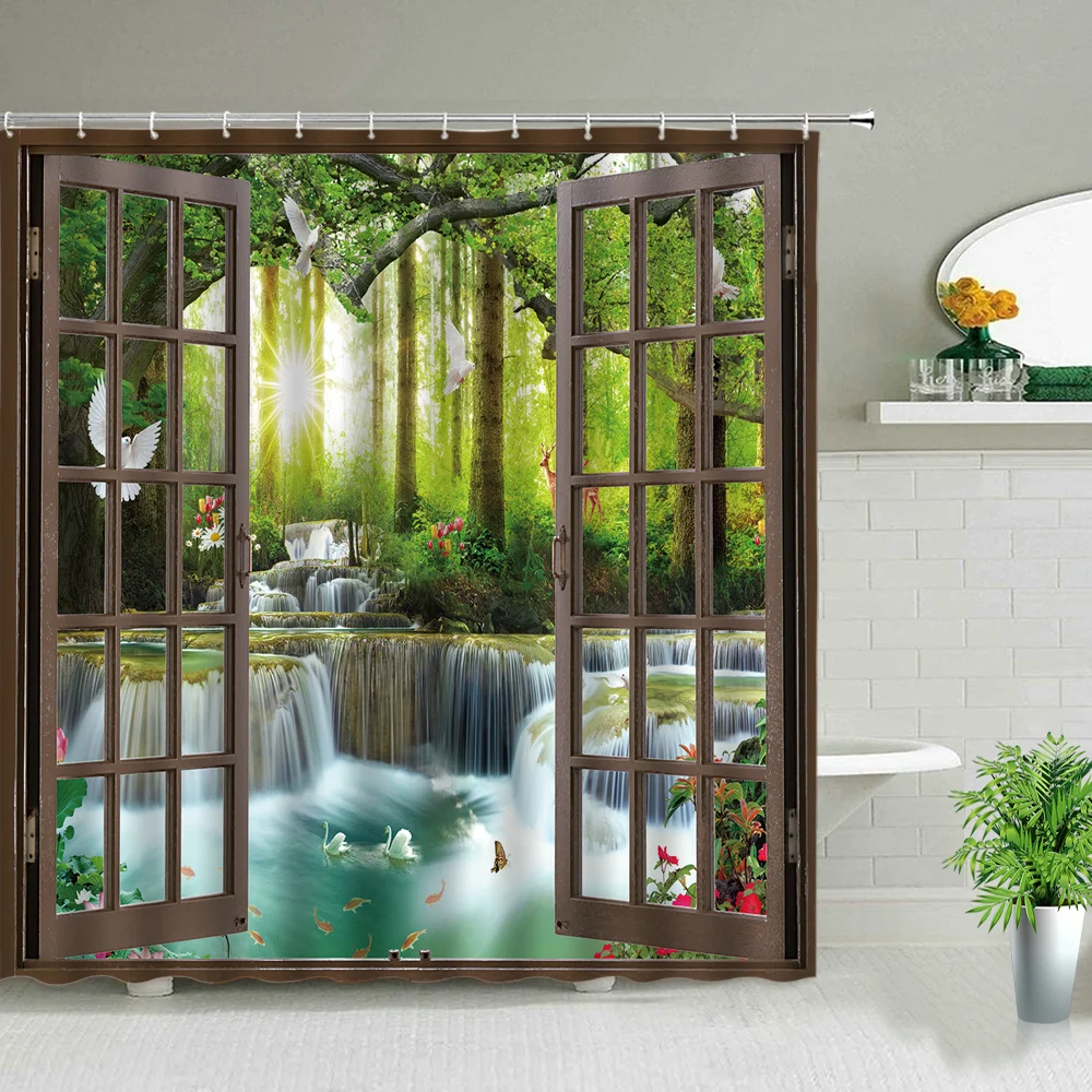 

Ландшафтные занавески для душа, лесной водопад, природный пейзаж, тропический джунгли, набор для декора ванной комнаты, экран для ванны, водонепроницаемая ткань