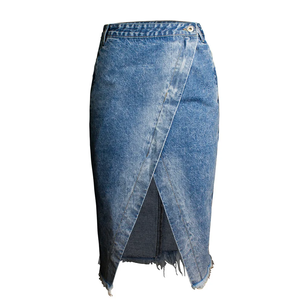Women's rough hem and buttocks, denim irregular tassels, high waist skirt with split middle length
Women's rough hem and buttocks, denim irregular tassels, high waist skirt with split middle length