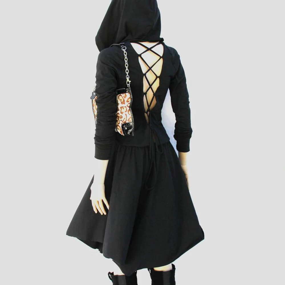 Long Sleeve Women Dresses Halloween vestido Steampunk Hooded Backless Dress Cosplay Costumes Drawstring Gothic Vintage Dress Q30 
Long Sleeve Women Dresses Halloween vestido Steampunk Hooded Backless Dress Cosplay Costumes Drawstring Gothic Vintage Dress Q30