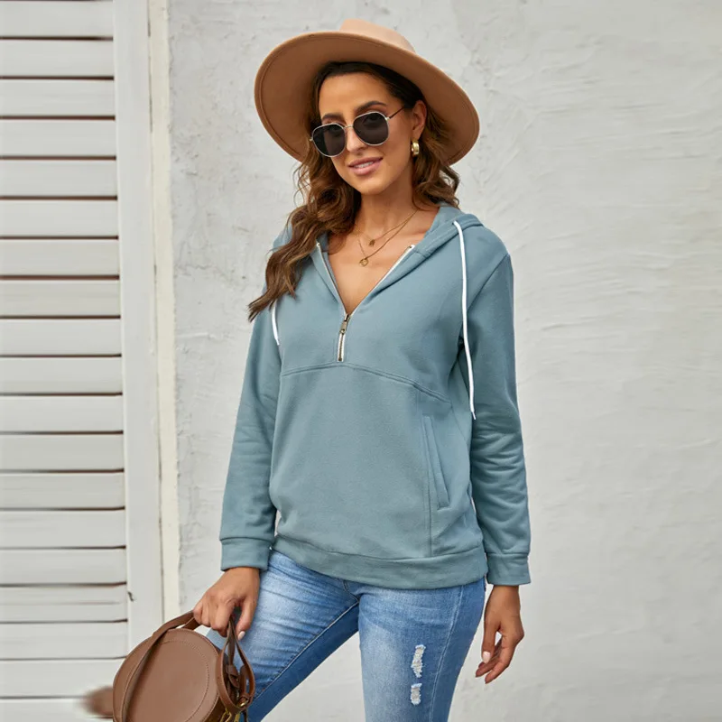 European and American Hooded Sweater Women's Autumn New Solid Color Zipper Half Open Long Sleeve Pocket Casual Top
European and American Hooded Sweater Women's Autumn New Solid Color Zipper Half Open Long Sleeve Pocket Casual Top