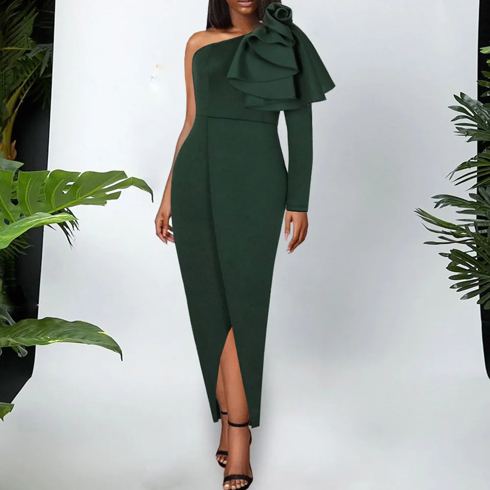 Women's Dress Long Sleeve Falbala Ankle-Length Oblique Collar Plain Bodycon Ladies Sexy Party Dress New Fashion Evening Dresses 
Women's Dress Long Sleeve Falbala Ankle-Length Oblique Collar Plain Bodycon Ladies Sexy Party Dress New Fashion Evening Dresses