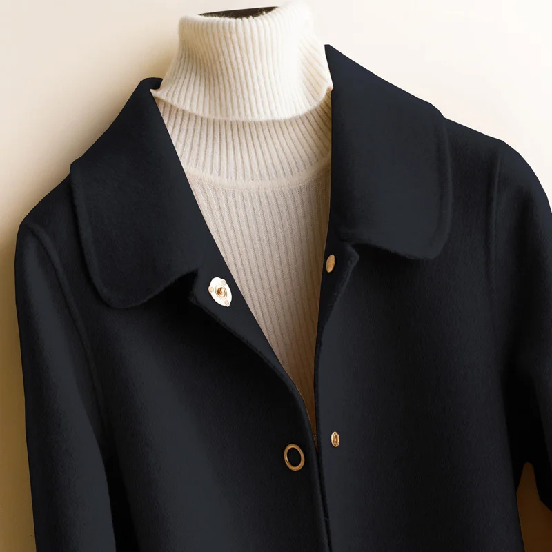New black coat doll collar double-sided cashmere coat women's woolen coat pure wool coat slim medium length
New black coat doll collar double-sided cashmere coat women's woolen coat pure wool coat slim medium length