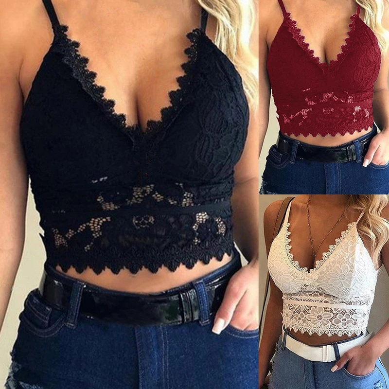2021 Women Plus Size Vest Crop Wireless Lingerie Sexy V-Neck Camisole Underwear Wireless Lace Bralette Top Women Lace Underwears