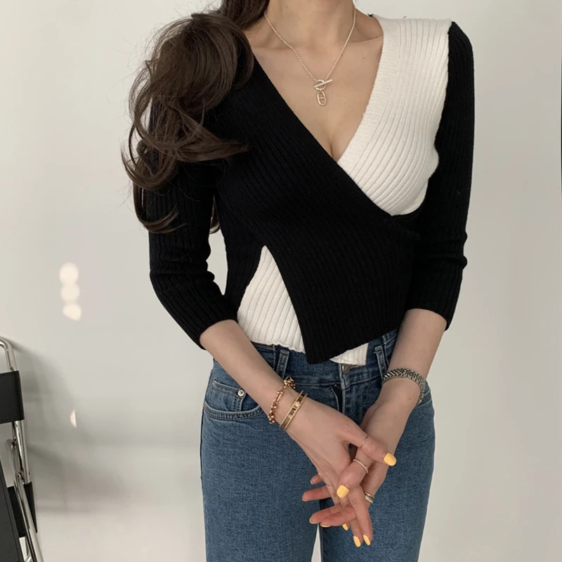 Sexy Pullover Sweater Casual Slim Cross Spliced Bottoming Female New Deep V Neck Sweater Women Elastic Long Sleeve Tops 17047
Sexy Pullover Sweater Casual Slim Cross Spliced Bottoming Female New Deep V Neck Sweater Women Elastic Long Sleeve Tops 17047