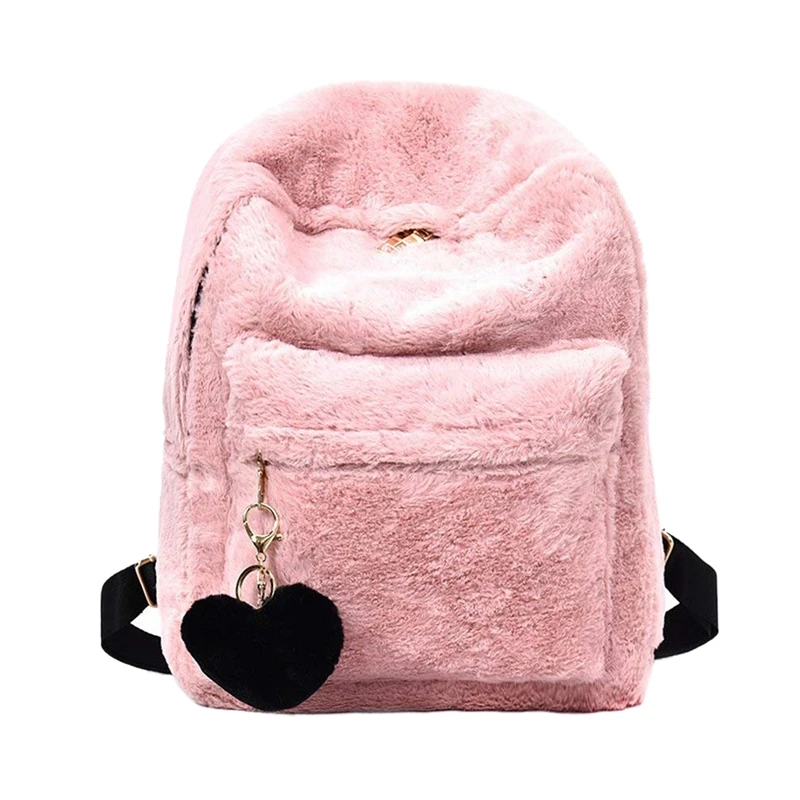 Women Soft Faux Fur Plush Backpack Shoulder Bag Fluffy School with Heart Pendant (Pink) | Багаж и сумки