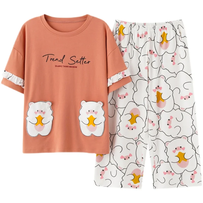 Summer 2021 Short Sleeve Pajama Set Homewear O Neck Calf-length Pants Pijamas Women Sleepwear Pyjama Set Night Suit
Summer 2021 Short Sleeve Pajama Set Homewear O Neck Calf-length Pants Pijamas Women Sleepwear Pyjama Set Night Suit