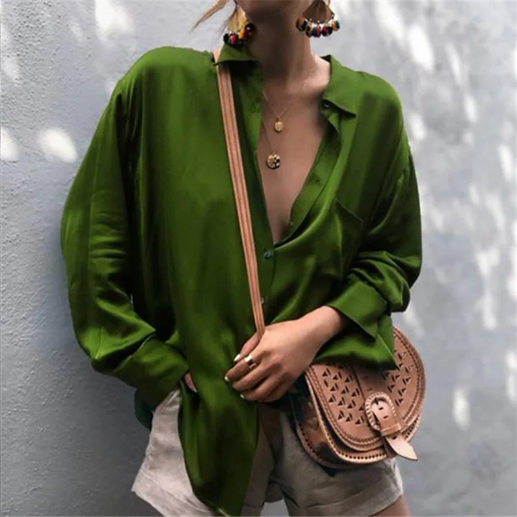 Women Silk Blouse Solid Turn Down Collar Long Sleeve Blouse Tops Button Cardigan Pockets Women Office Ladies Casual Loose Shirt
Women Silk Blouse Solid Turn Down Collar Long Sleeve Blouse Tops Button Cardigan Pockets Women Office Ladies Casual Loose Shirt