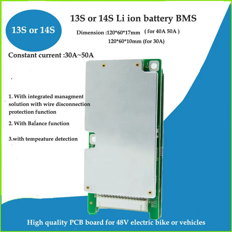 13S or 14S 48V Li ion Battery BMS with 30A 40A 50A constant current for 54.6V 58.8V Lithium Power Battery Pack PCB
13S or 14S 48V Li ion Battery BMS with 30A 40A 50A constant current for 54.6V 58.8V Lithium Power Battery Pack PCB