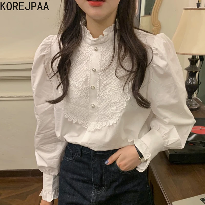 Женская рубашка Korejpaa, элегантная Корейская кружевная блузка с воротником-стойкой, вязаная крючком, с жемчужными пряжками и пышными рукавам...
Женская рубашка Korejpaa, элегантная Корейская кружевная блузка с воротником-стойкой, вязаная крючком, с жемчужными пряжками и пышными рукавам...