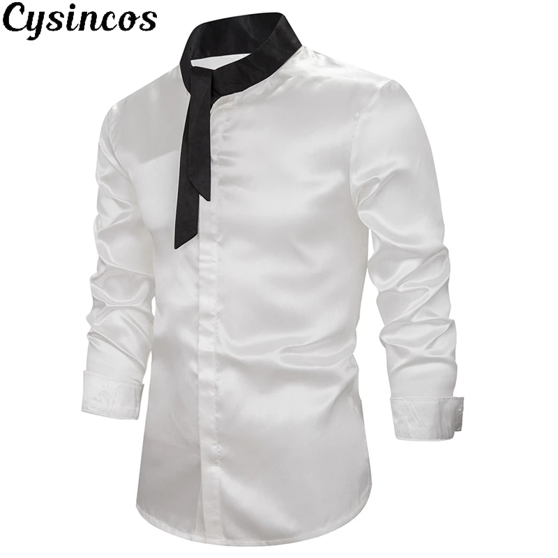 CYSINCOS новая мужская роскошная рубашка с завязками и длинным рукавом шелковая