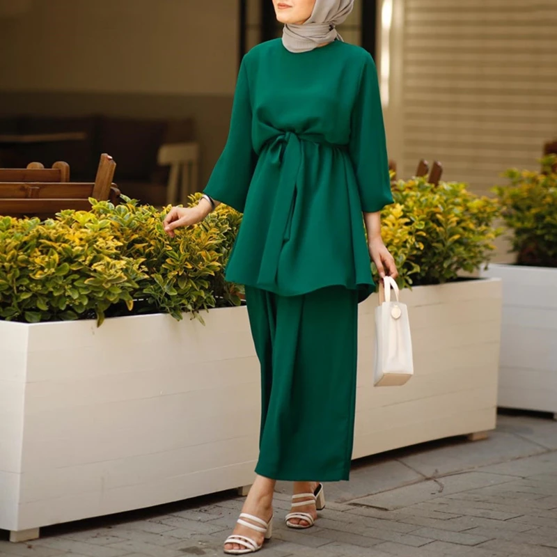 

Women Muslim Summer Dresses 2Pcs Outfits Set Long Sleeve Belted Tunic Tops Wide Leg Loose Pants Solid Color Dubai Kaftan Hijab