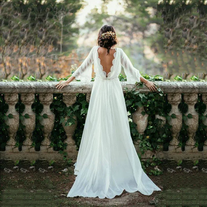 Hot Sale Charming White Chiffon Backless Bridal Wedding Dresses with Three Quarter Sleeves Lace Wedding Gowns for Bride V Neck
Hot Sale Charming White Chiffon Backless Bridal Wedding Dresses with Three Quarter Sleeves Lace Wedding Gowns for Bride V Neck