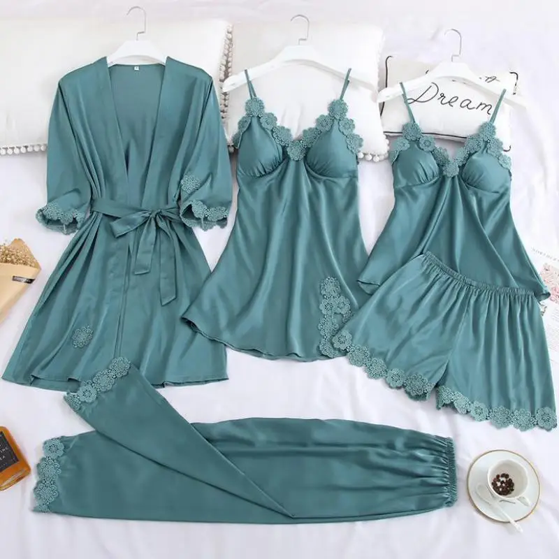 Lace 5PCS Pajamas Suit Women Ice Silk Satin Sleepwear Pyjamas Pour Femme V-Neck Kimono Robe Gown Appliques Loungewear With Pads
Lace 5PCS Pajamas Suit Women Ice Silk Satin Sleepwear Pyjamas Pour Femme V-Neck Kimono Robe Gown Appliques Loungewear With Pads