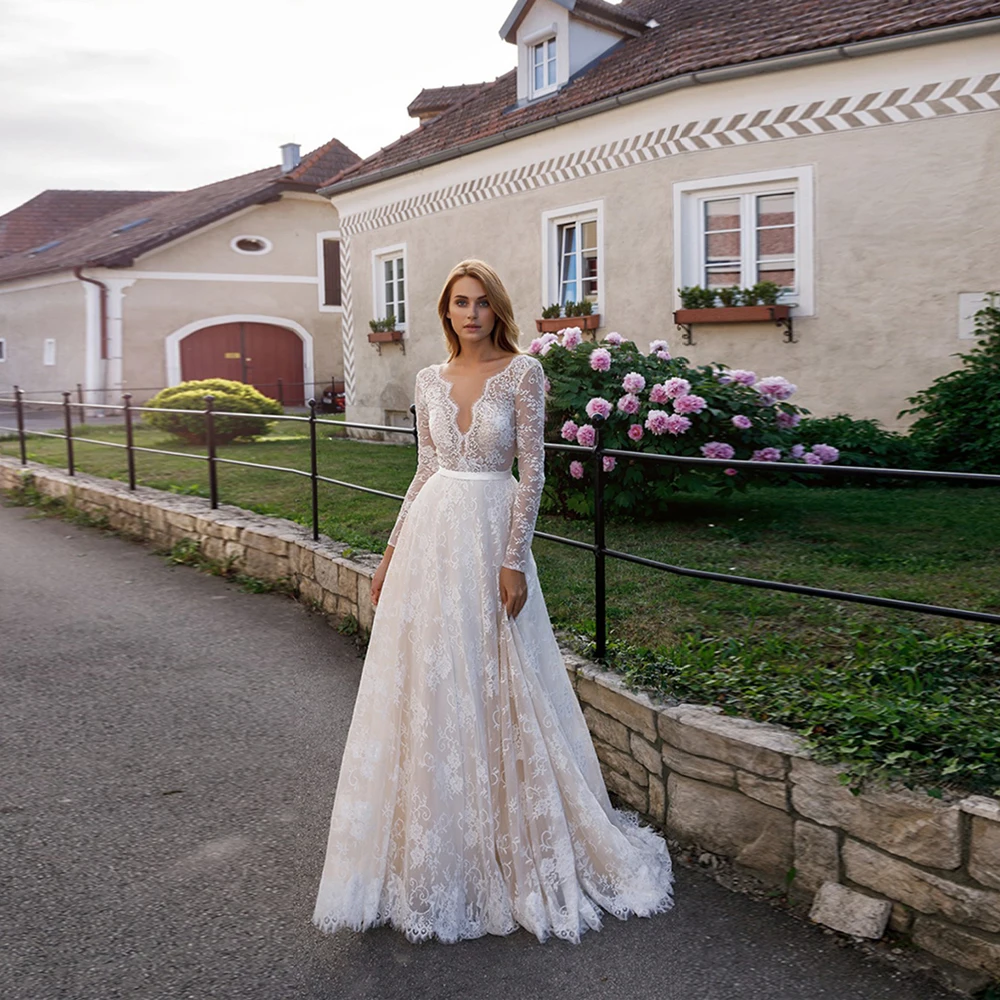 Vestidos Sexy Wedding Dresses Lace Pleat Sashes V-Neck Full Sleeve Backless A-Line Bridal Gowns Novia Do 2021
Vestidos Sexy Wedding Dresses Lace Pleat Sashes V-Neck Full Sleeve Backless A-Line Bridal Gowns Novia Do 2021