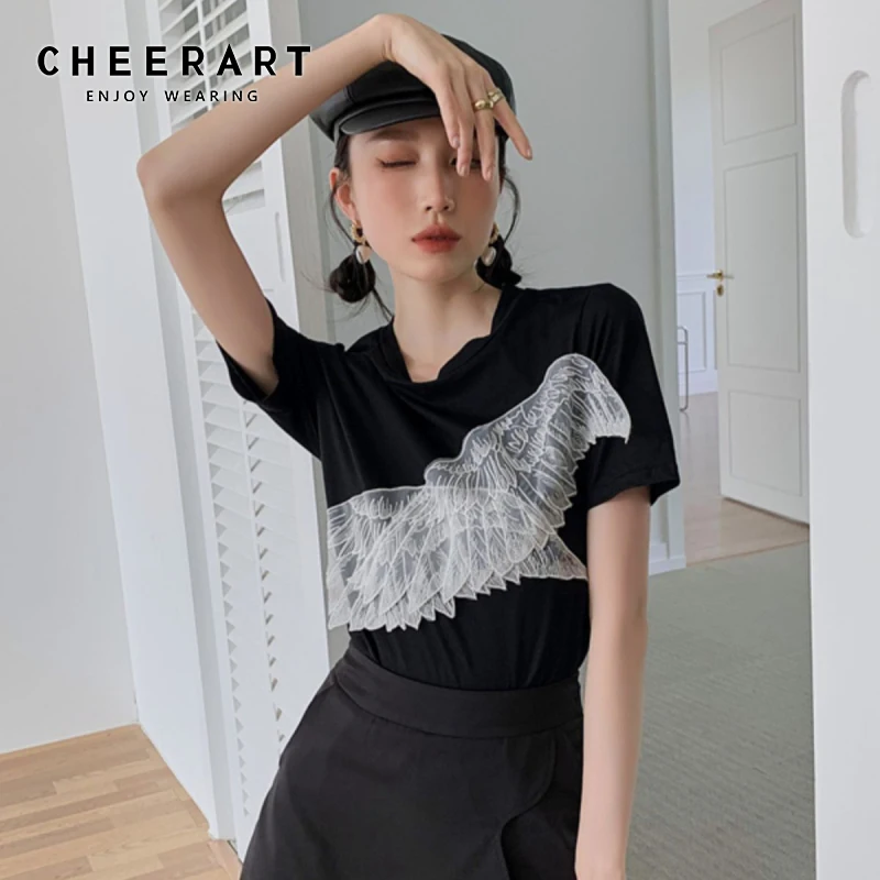 Черная футболка CHEERART с ангельскими крыльями, женский летний топ, футболки с коротким рукавом, дизайнерская модная футболка 2021, женские Заба...
Черная футболка CHEERART с ангельскими крыльями, женский летний топ, футболки с коротким рукавом, дизайнерская модная футболка 2021, женские Заба...